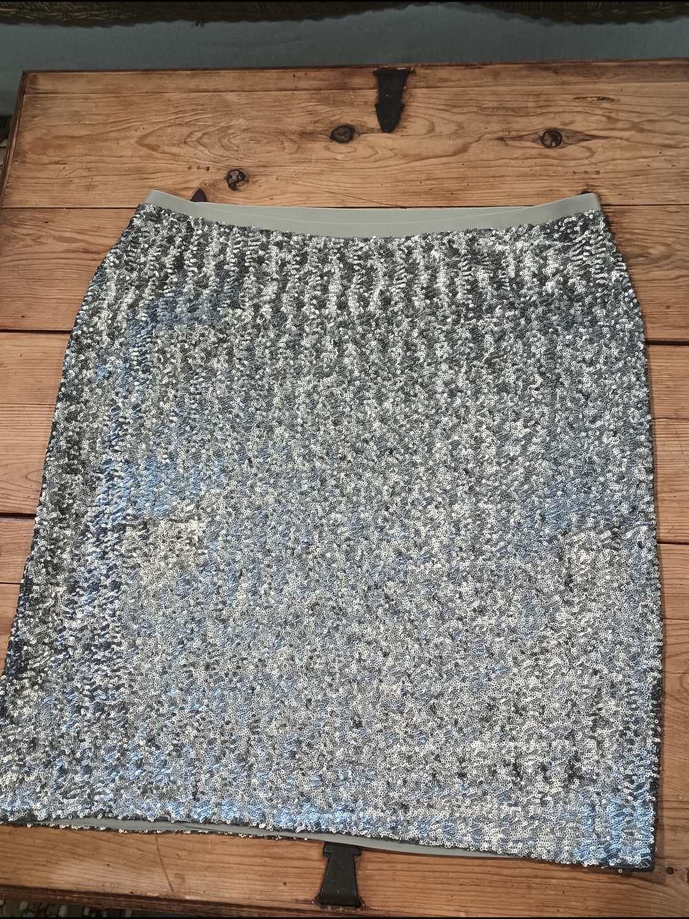 J. Jill Silver Sequin Pencil Stretch Lined Skirt Size L Holiday New Year's Eve